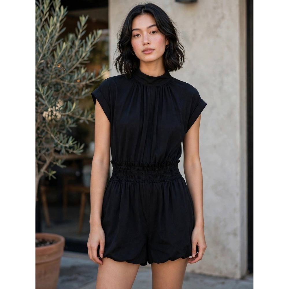 Maeve Anthropologie Black Mock Neck Smocked Waist Bubble Hem Romper 1X